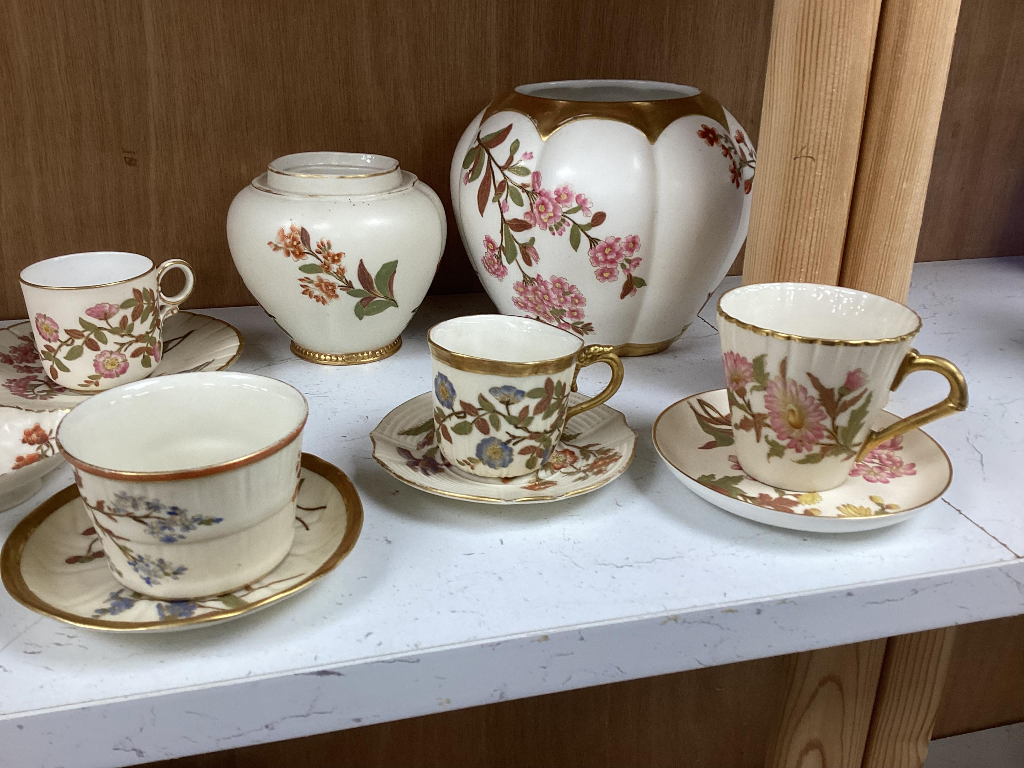 A collection of 19th century Worcester blush ivory to include a pair of gilt plates, various cups and saucers and a jar